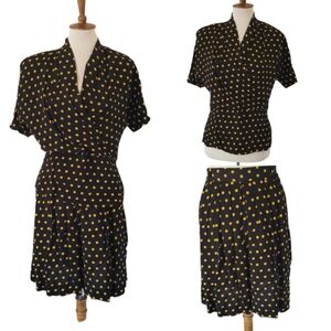 80's Black and Yellow Polka Dot Two‎ Piece High Waist Short Set